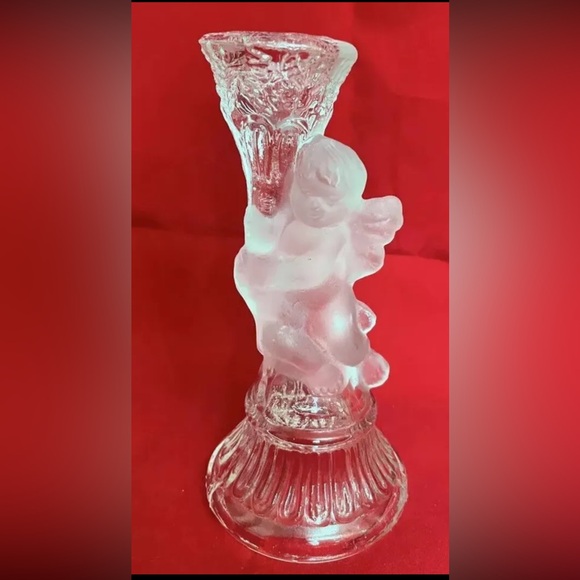 Cherub Angel Candlestick Holder Clear and Frosted Glass 6.5" for Dinner Candles - Picture 1 of 7